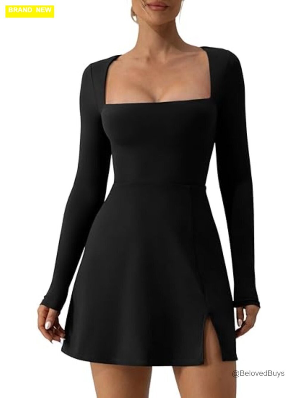 Square Neck Long Sleeve Bodycon Mini Dress with Side Slit